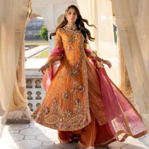 Orange Sharara Shirt For Pakistani Mehndi Dresses