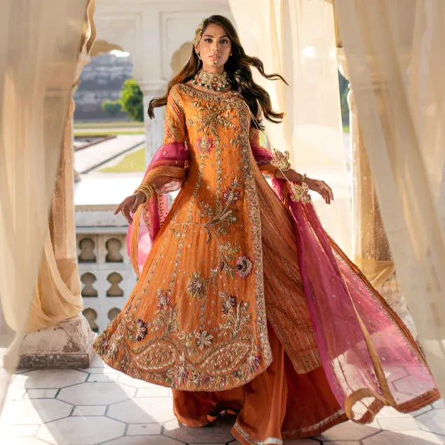 Orange Sharara Shirt For Pakistani Mehndi Dresses
