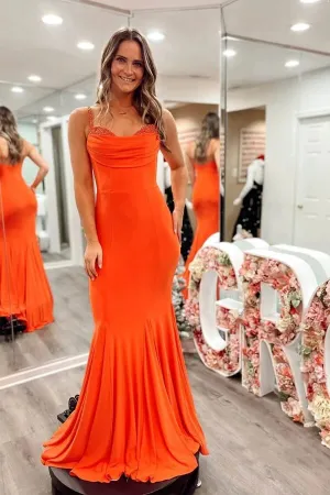 Orange Stretchy Satin Mermaid Spaghetti Straps Prom Dresses With Train, MP963