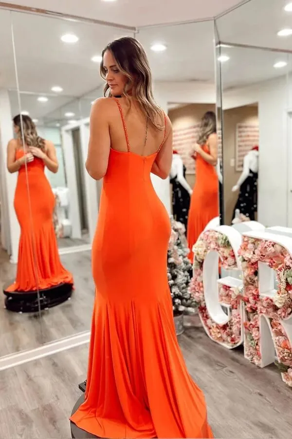 Orange Stretchy Satin Mermaid Spaghetti Straps Prom Dresses With Train, MP963