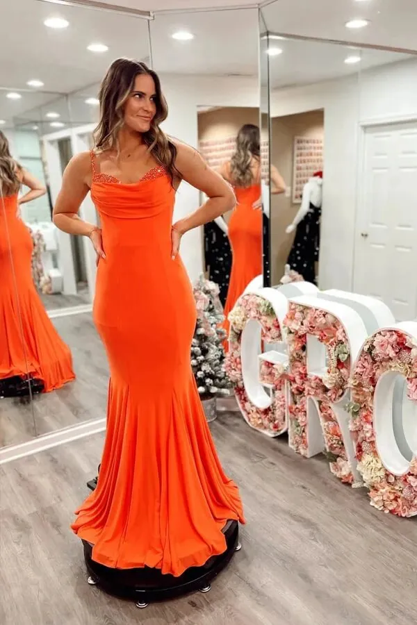 Orange Stretchy Satin Mermaid Spaghetti Straps Prom Dresses With Train, MP963