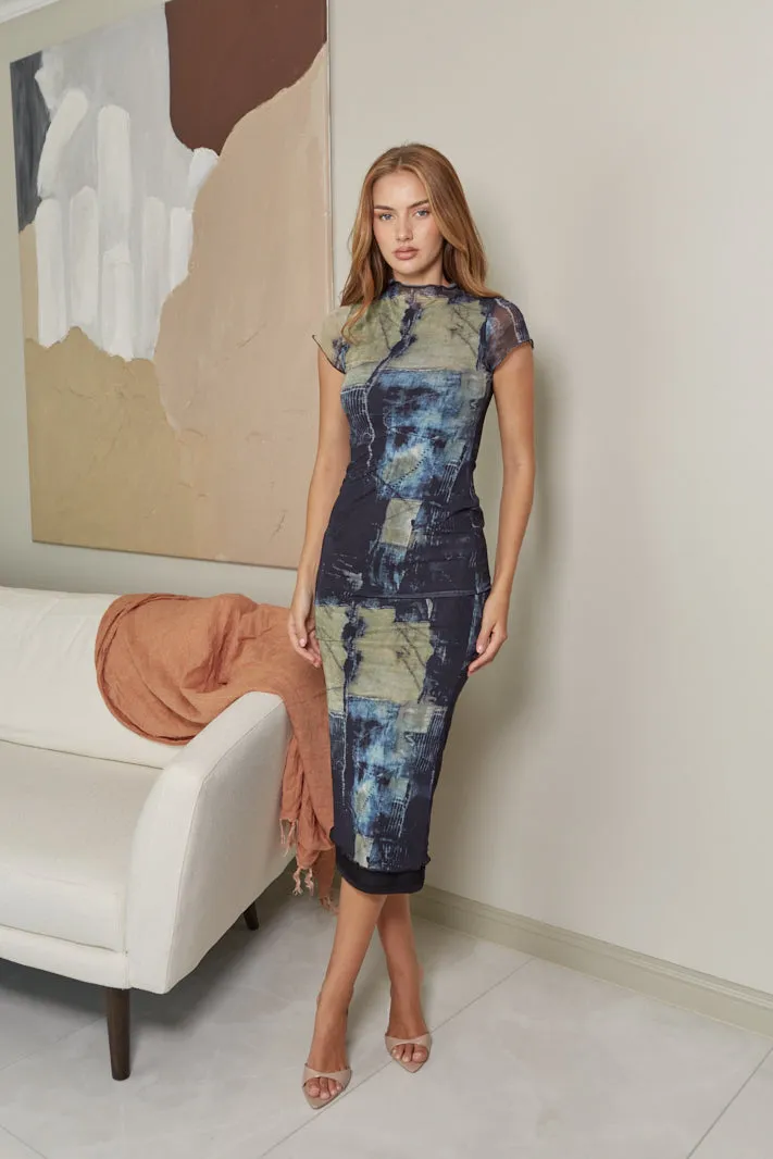ORIEL SHORT SLEEVE MAXI DRESS - Khaki Multi Print