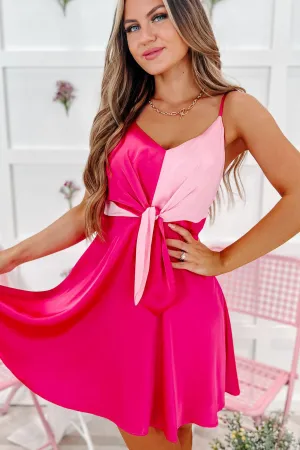 Owning This Moment Colorblock Satin Mini Dress (Pink/Fuchsia)