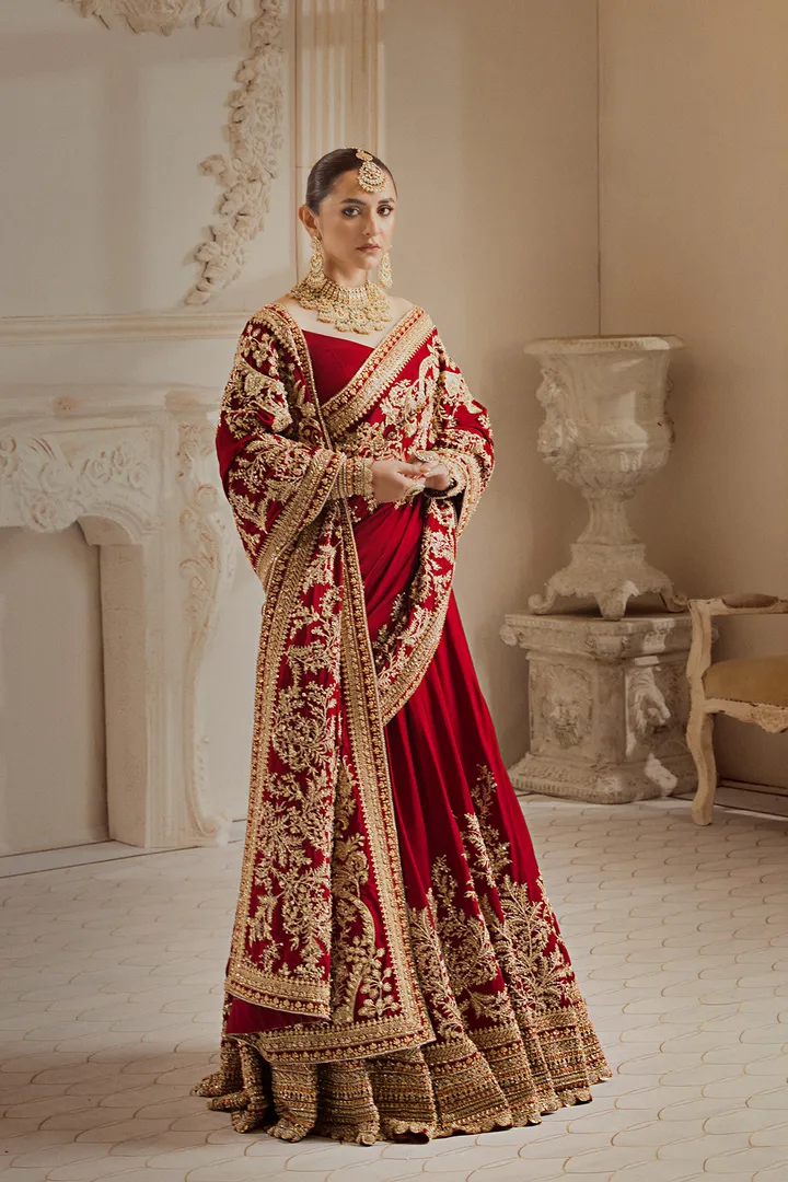 Pakistani Bridal Outfit in Red Lehenga Saree Style