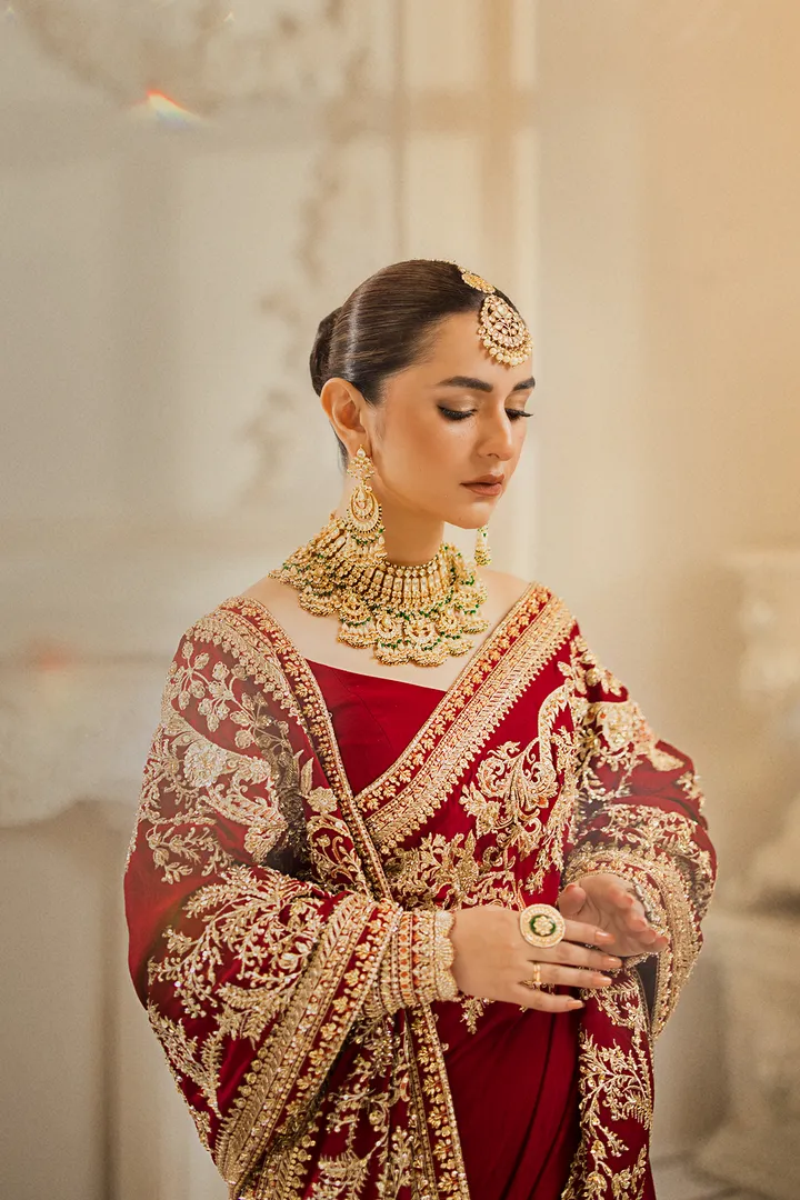 Pakistani Bridal Outfit in Red Lehenga Saree Style
