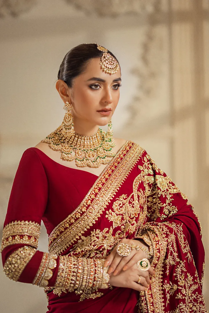 Pakistani Bridal Outfit in Red Lehenga Saree Style