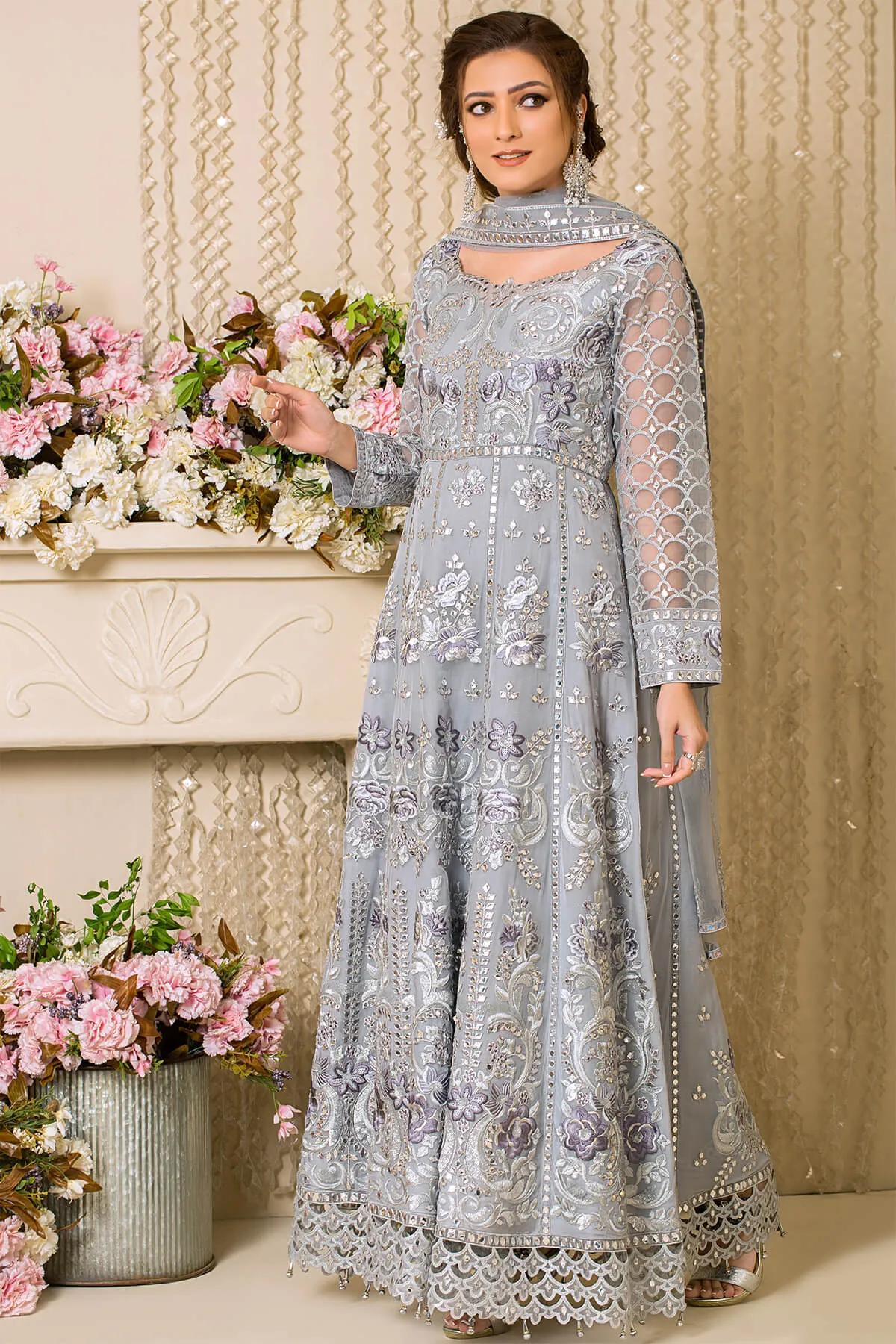 Pakistani Party Dress in Embroidered Pishwas Frock Trouser and Dupatta in Premium Net Fabric
