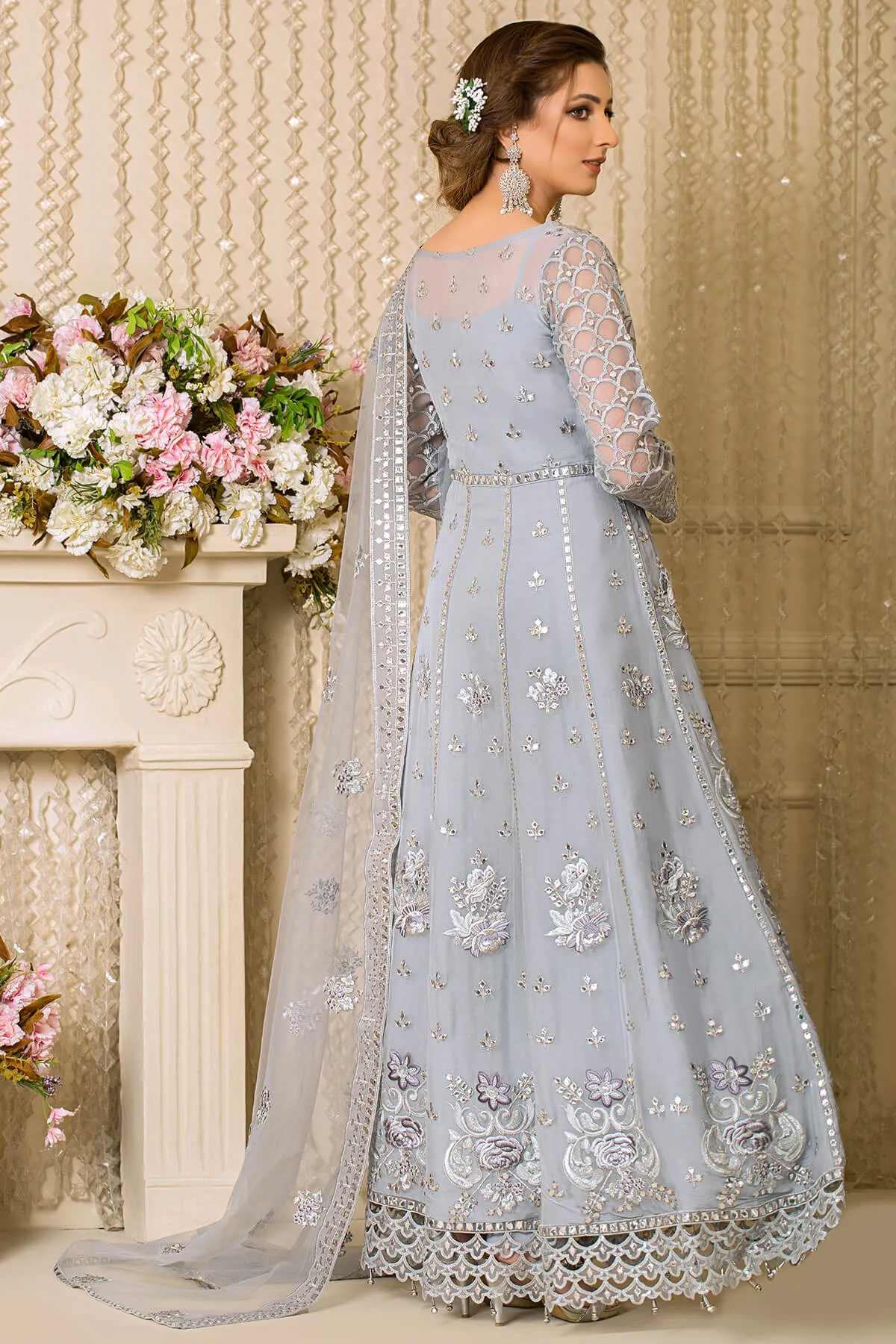 Pakistani Party Dress in Embroidered Pishwas Frock Trouser and Dupatta in Premium Net Fabric