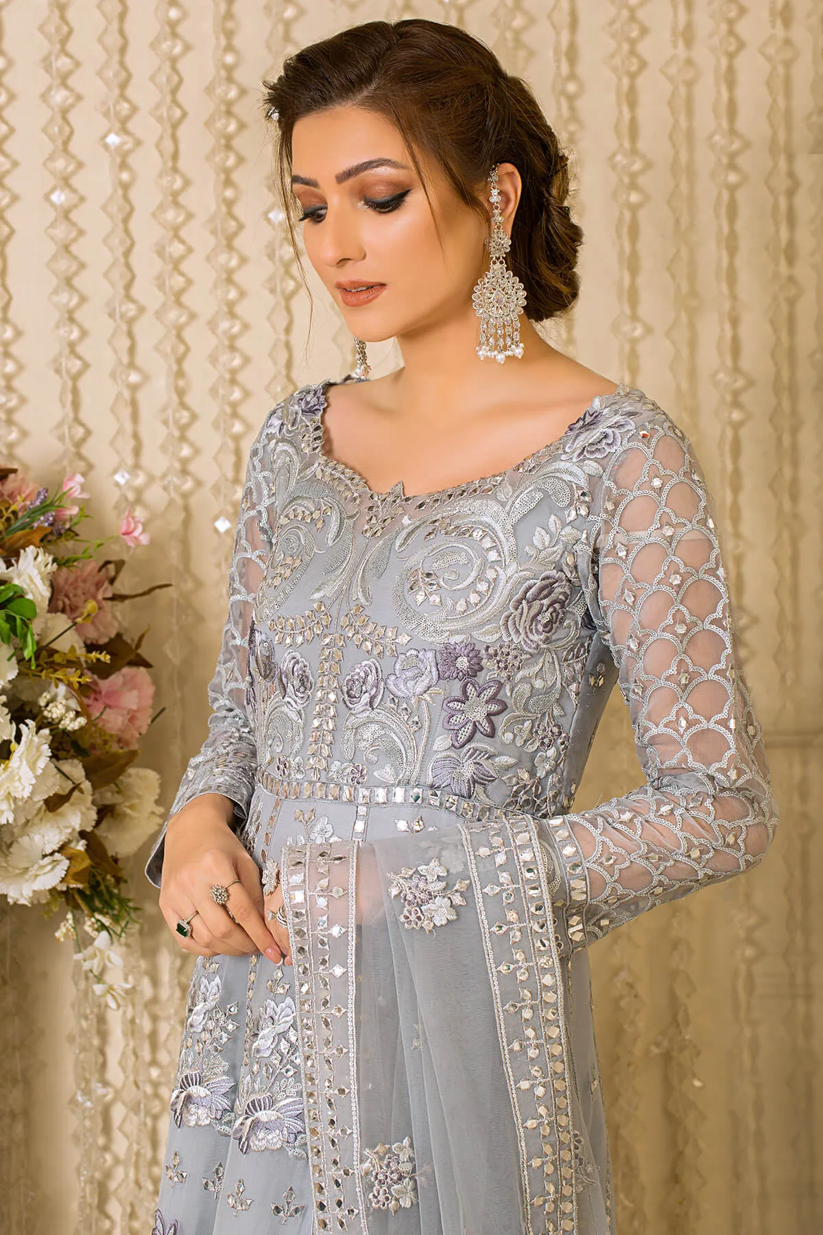Pakistani Party Dress in Embroidered Pishwas Frock Trouser and Dupatta in Premium Net Fabric
