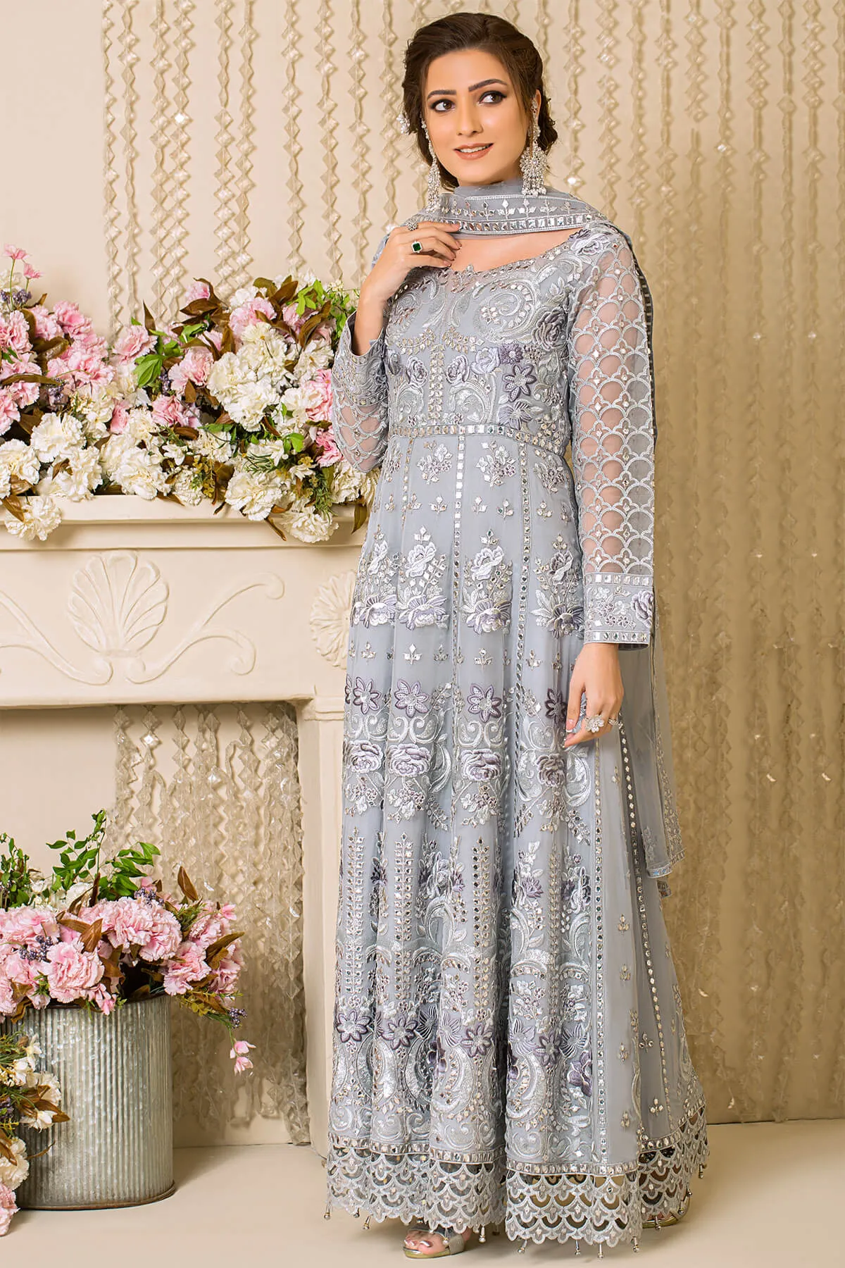 Pakistani Party Dress in Embroidered Pishwas Frock Trouser and Dupatta in Premium Net Fabric