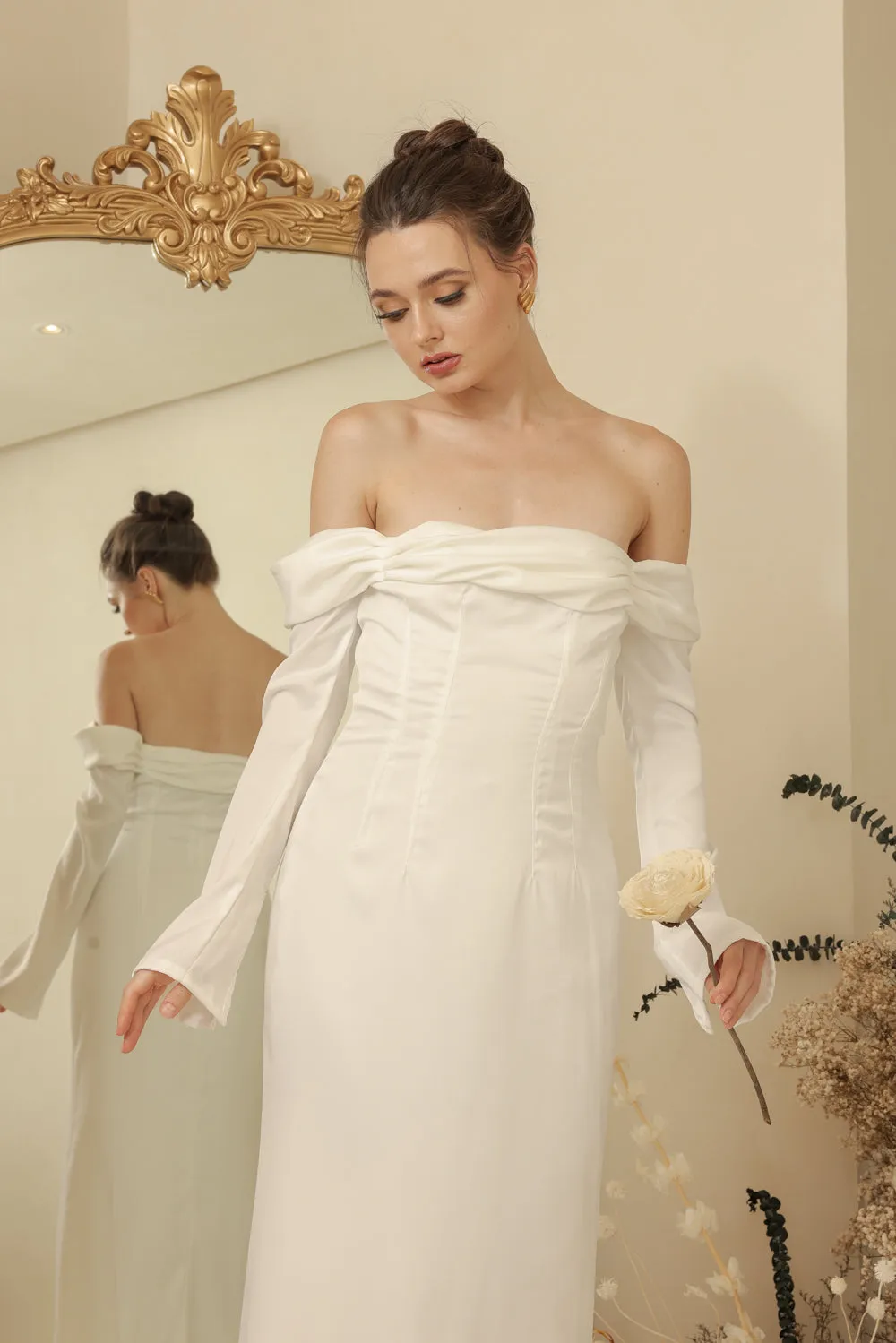 PARIS Off Shoulder Sleeve Maxi Dress (Ivory White Silk Crepe)