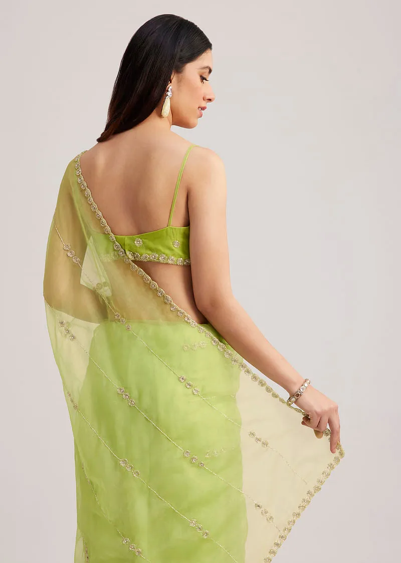 Parrot Green Organza Saree With Cutdana Embroidery