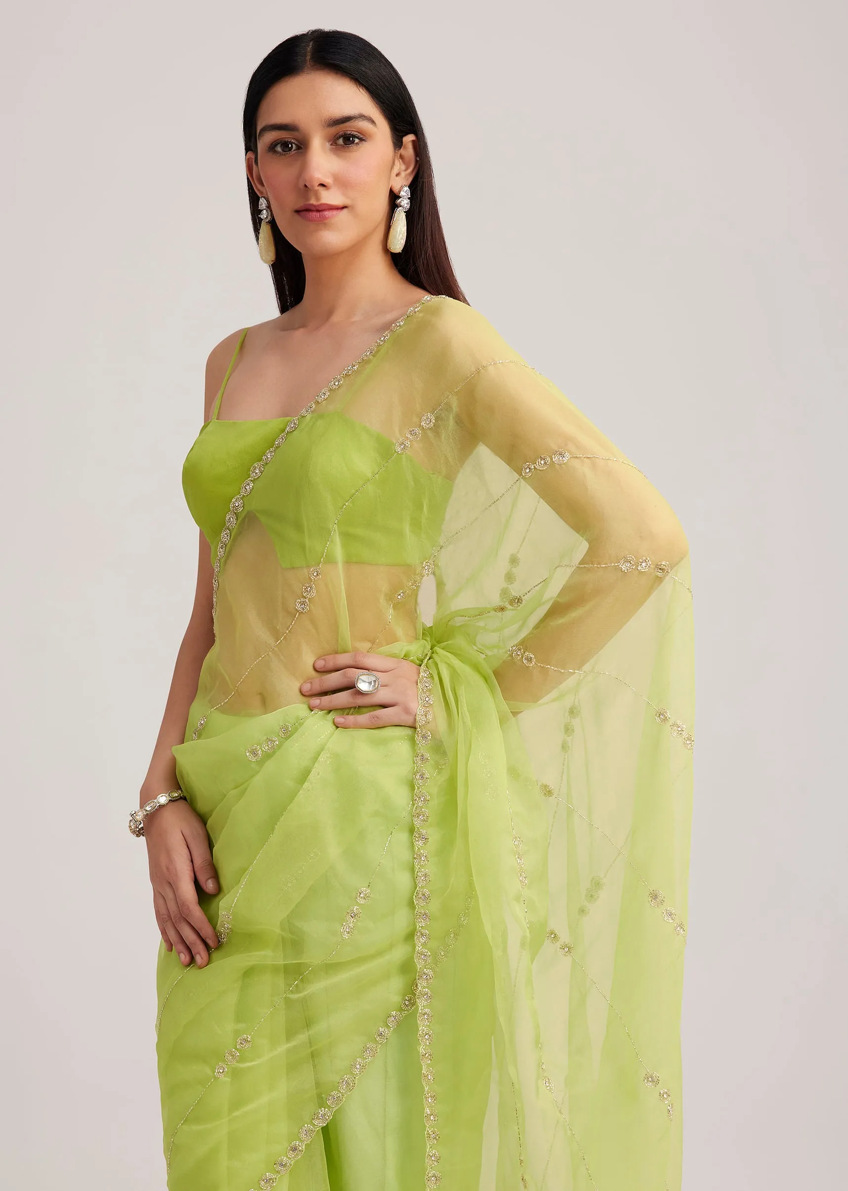 Parrot Green Organza Saree With Cutdana Embroidery