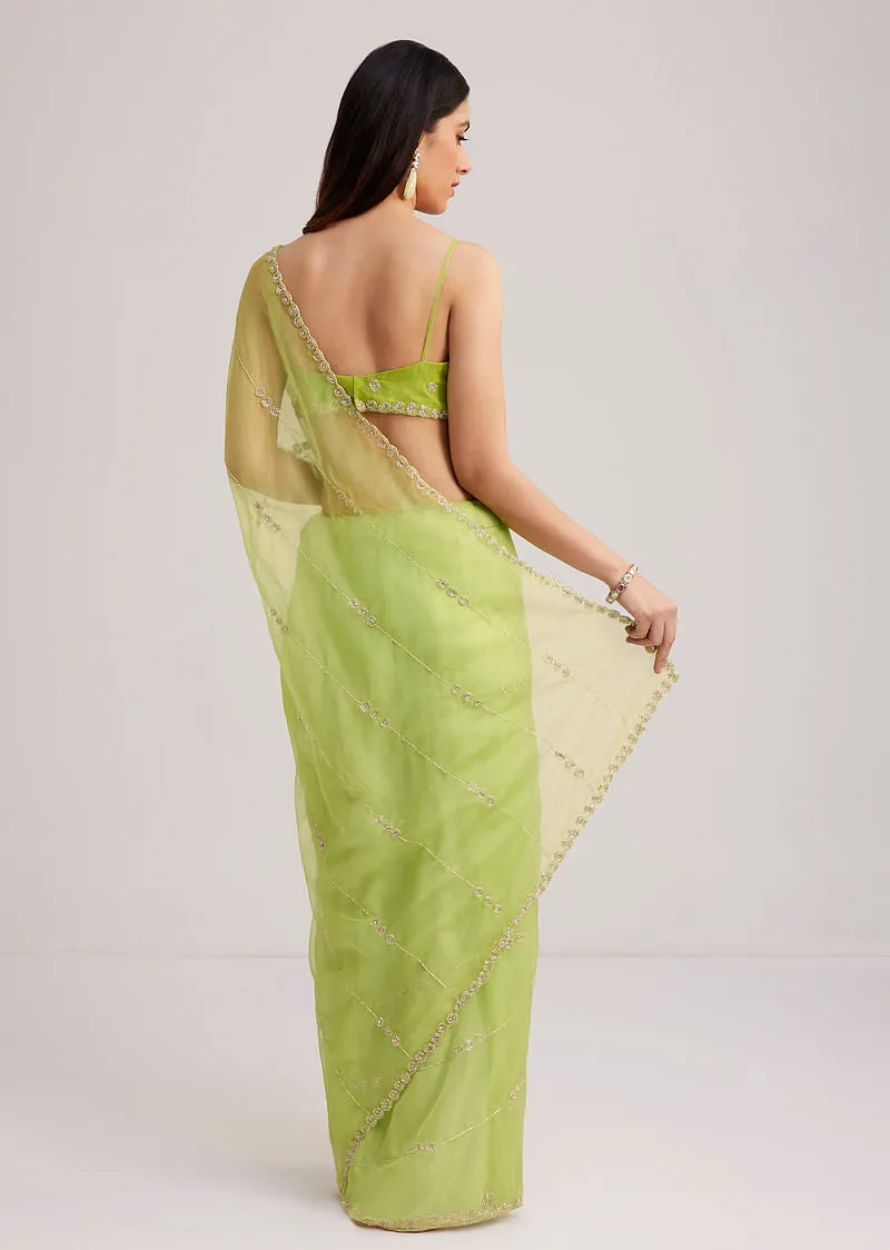 Parrot Green Organza Saree With Cutdana Embroidery