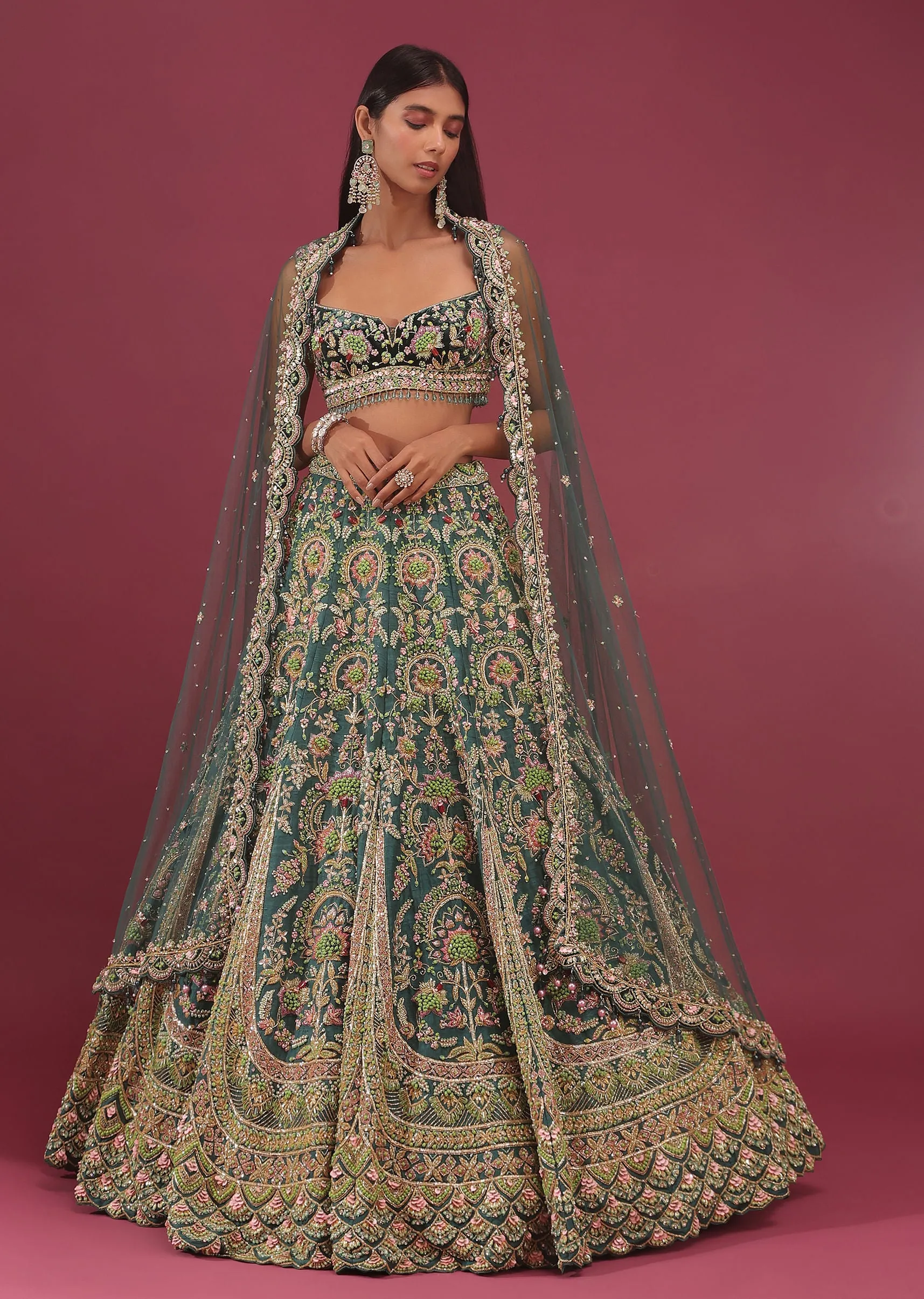Peacock Green Raw Silk Bridal Lehenga With Embroidery