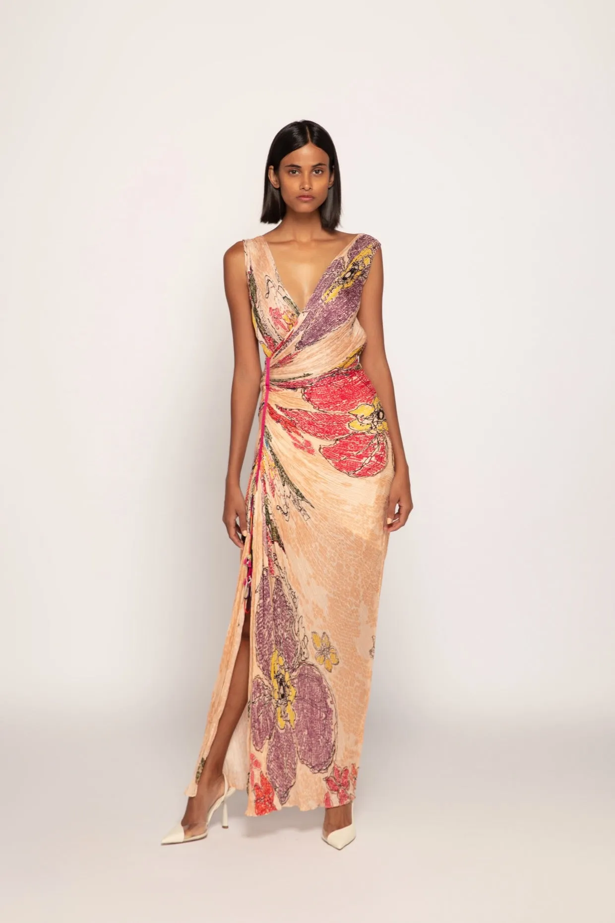 Periwinkle Bandhani Print, Hand Micro Pleated Overlap Style Sleeveless