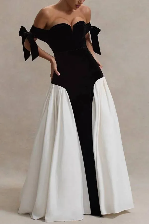 Phantom of The Opera Velvet Contrast Patchwork Bow Sweetheart Neck Maxi Dress