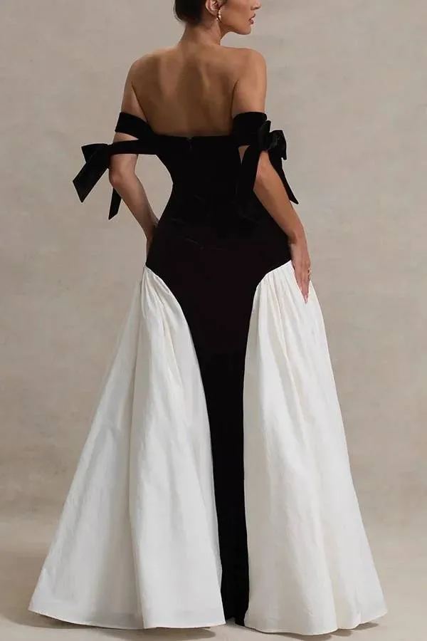 Phantom of The Opera Velvet Contrast Patchwork Bow Sweetheart Neck Maxi Dress