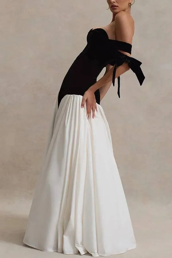 Phantom of The Opera Velvet Contrast Patchwork Bow Sweetheart Neck Maxi Dress