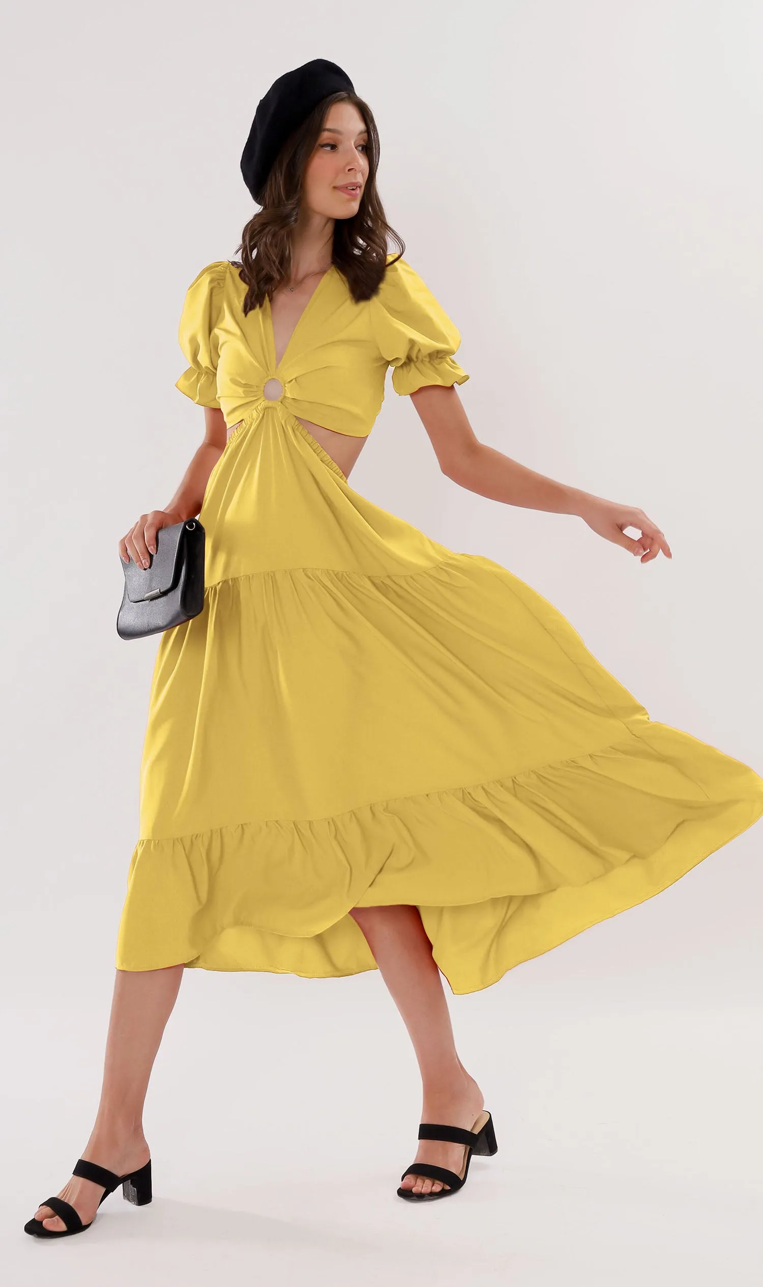 PHAYRE Cut-Out Puff-Sleeve Midi Dress (Yellow)