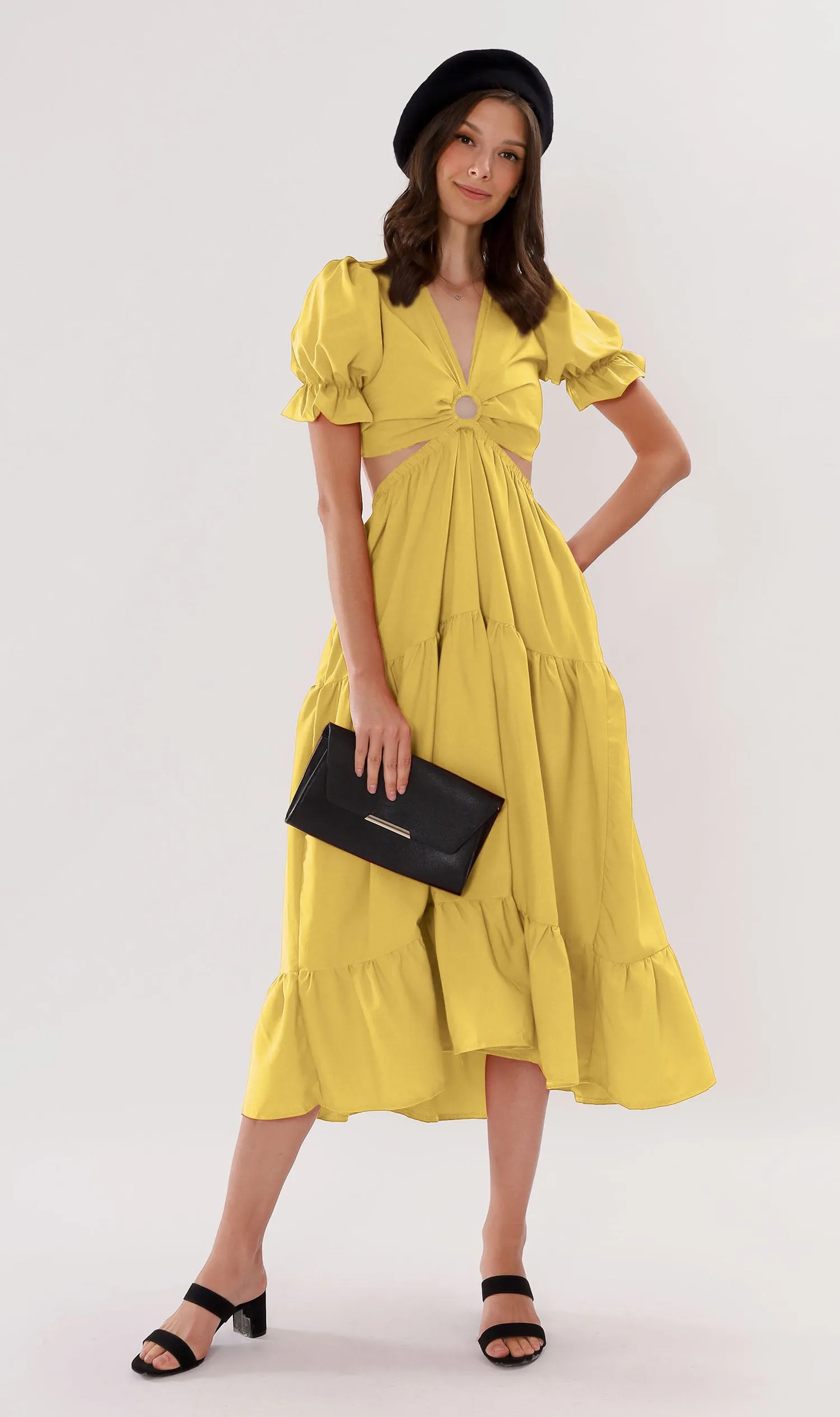 PHAYRE Cut-Out Puff-Sleeve Midi Dress (Yellow)