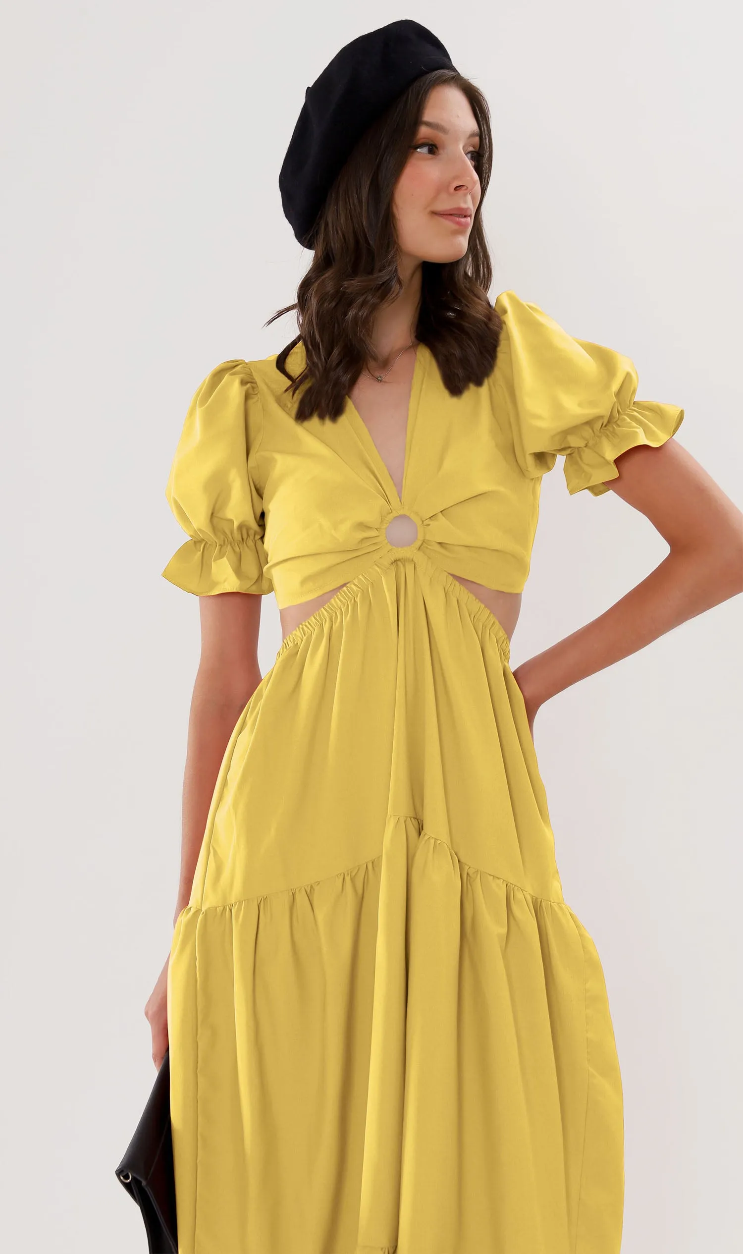 PHAYRE Cut-Out Puff-Sleeve Midi Dress (Yellow)