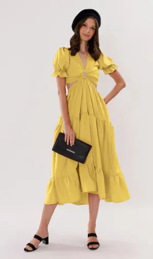 PHAYRE Cut-Out Puff-Sleeve Midi Dress (Yellow)