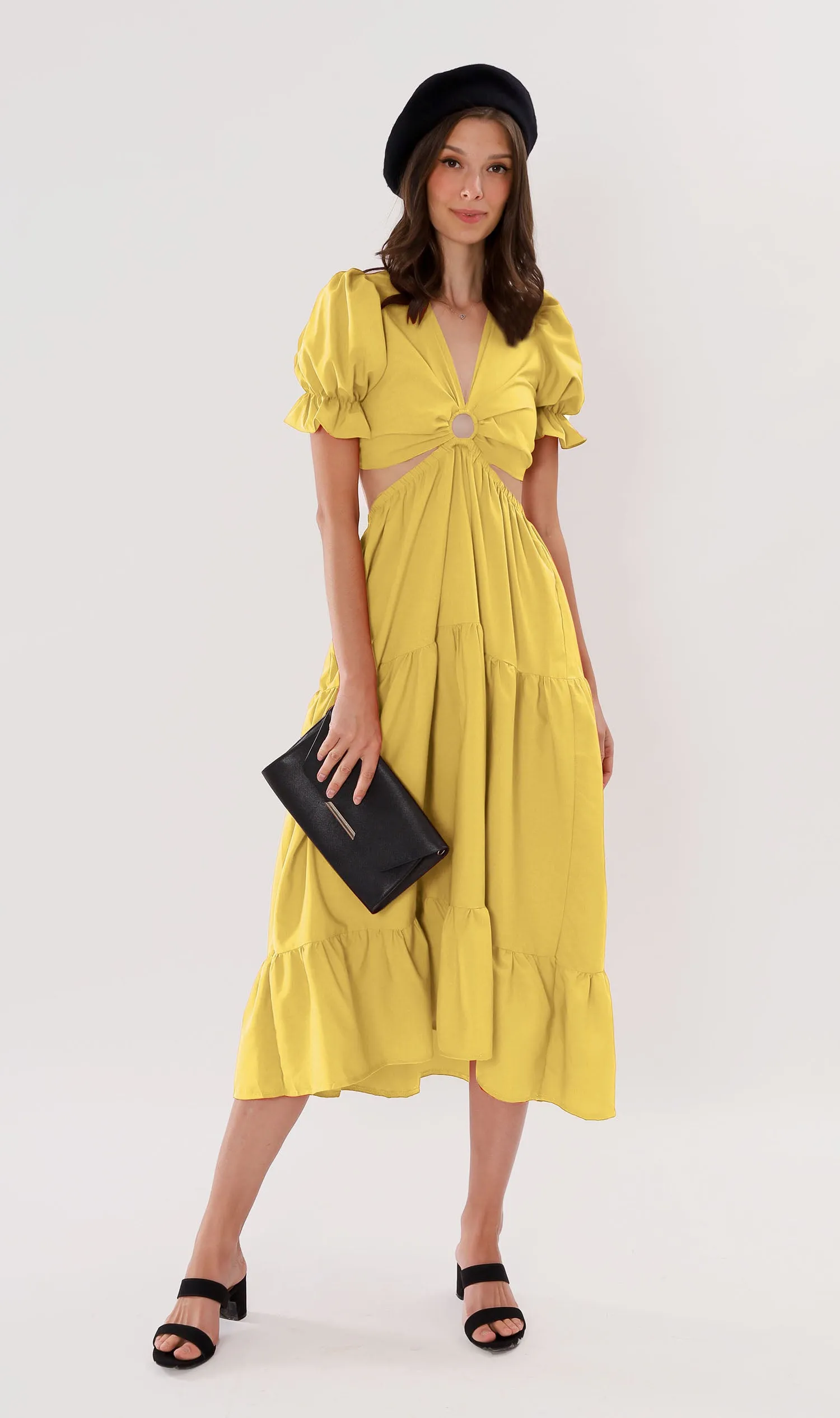 PHAYRE Cut-Out Puff-Sleeve Midi Dress (Yellow)