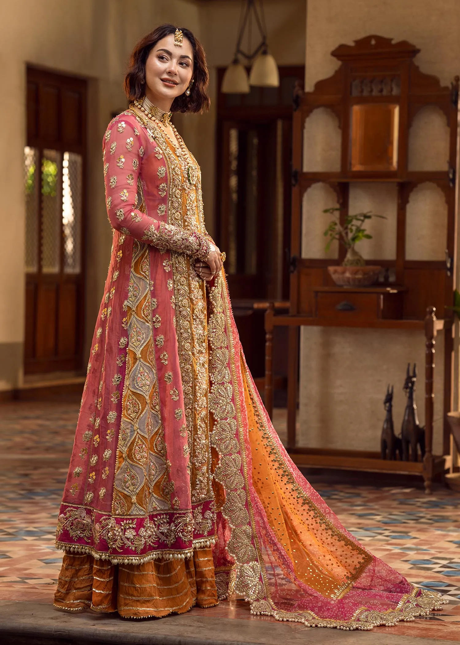 Pink Chiffon Kameez Frock Pakistani Mehndi Dresses
