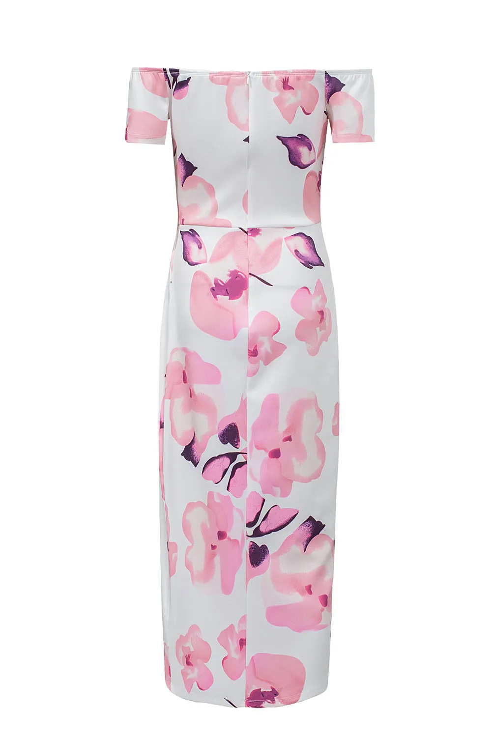 Pink Floral Print Off Shoulder Slit Bodycon Midi Dress