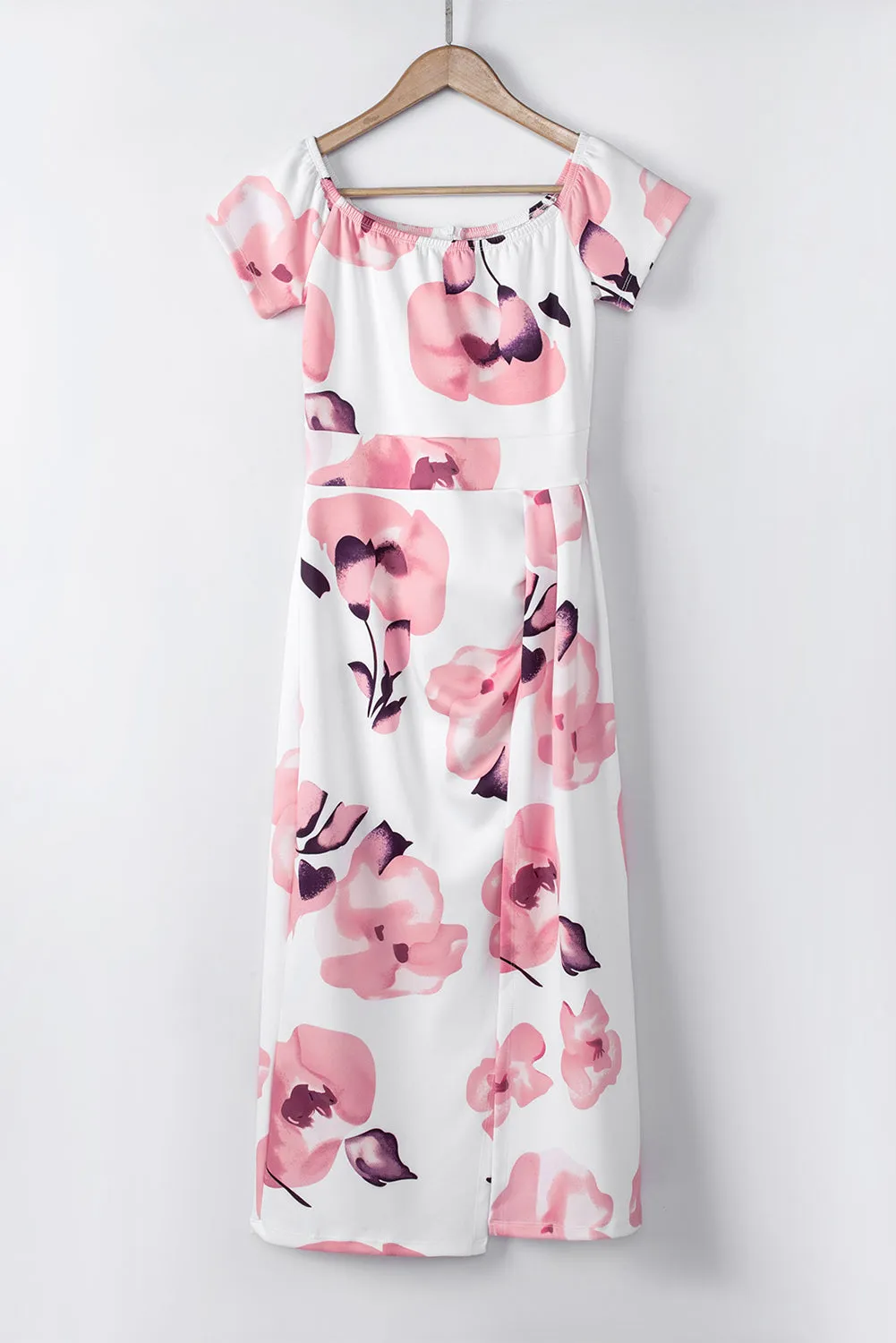 Pink Floral Print Off Shoulder Slit Bodycon Midi Dress
