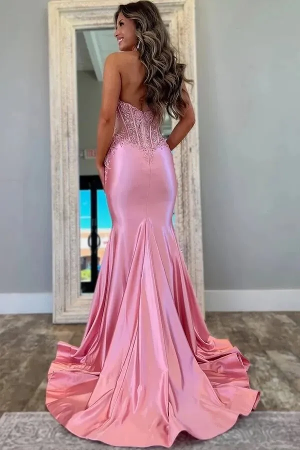 Pink Satin Mermaid Halter V Neck Lace Appliques Long Prom Dresses, SLP072