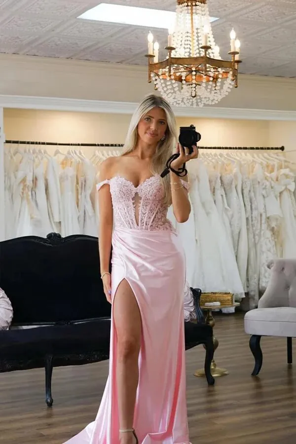 Pink Satin Mermaid Off-the-Shoulder Prom Dresses With Lace Appliques, MP967