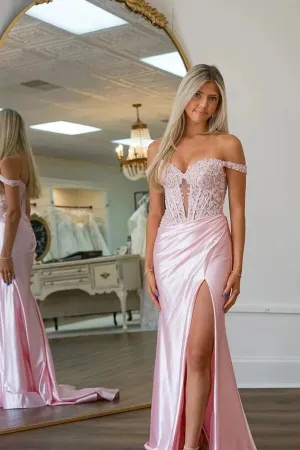 Pink Satin Mermaid Off-the-Shoulder Prom Dresses With Lace Appliques, MP967