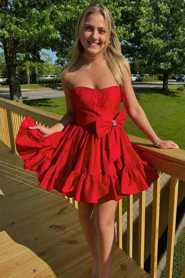 Pink Satin Strapless A-line Short Homecoming Dresses With Bow, MH630