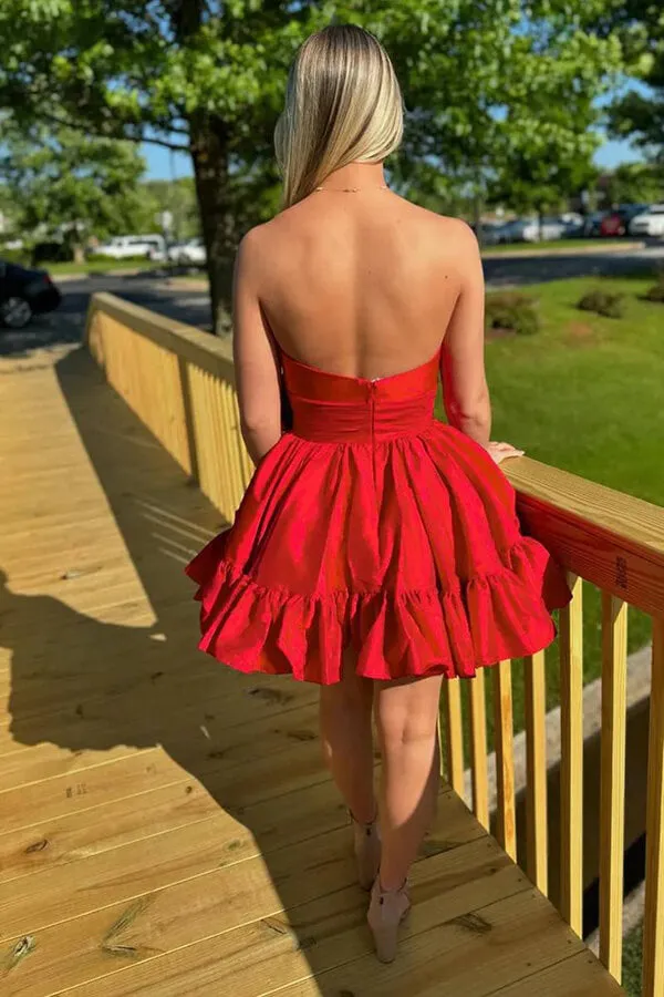Pink Satin Strapless A-line Short Homecoming Dresses With Bow, MH630