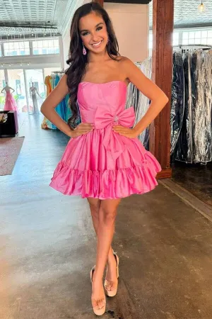Pink Satin Strapless A-line Short Homecoming Dresses With Bow, MH630