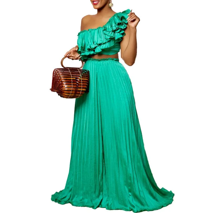 Pleated Solid Suit Top And Trousers Pants