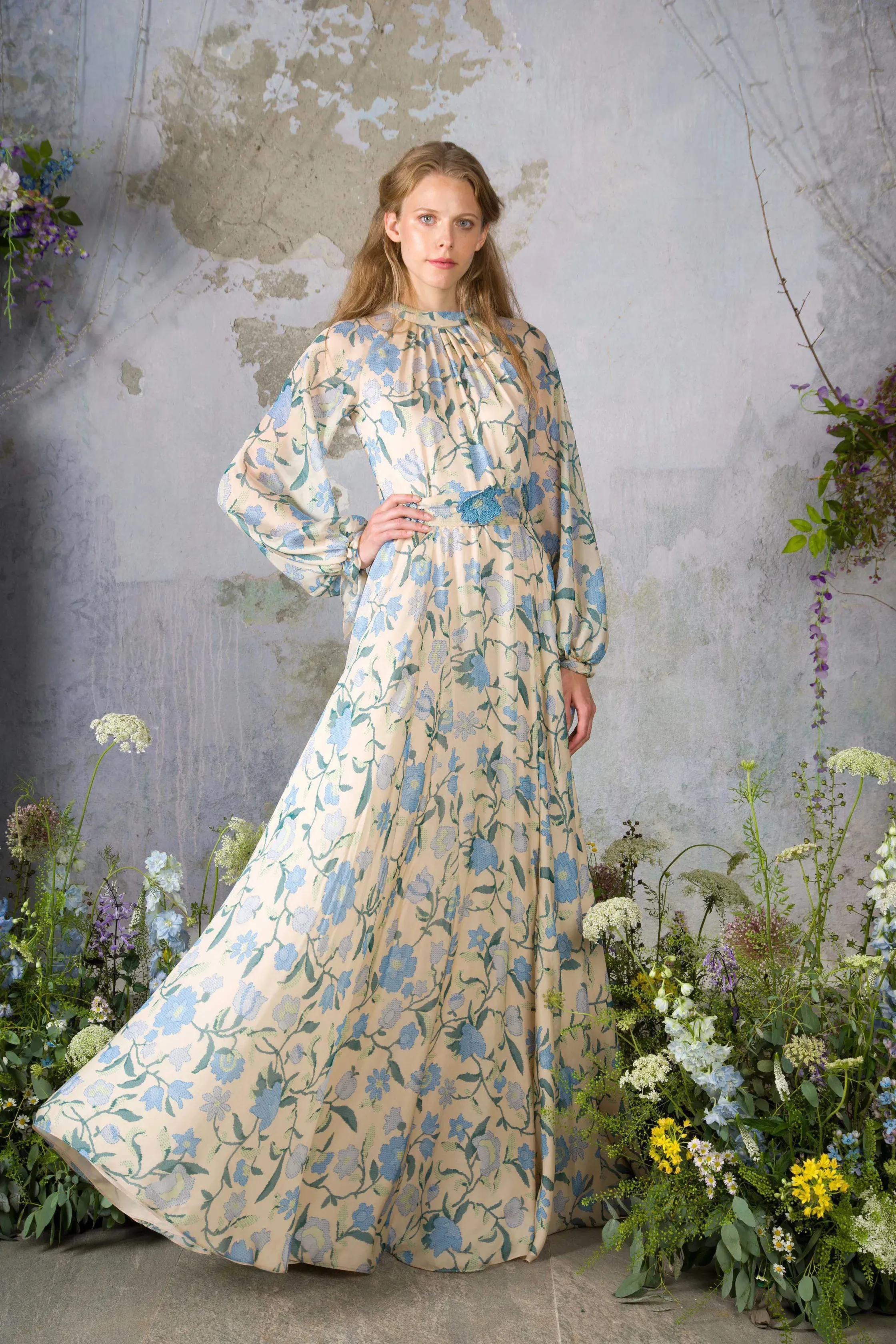 Prettiest Resort 2020 Luisa Beccaria Runway Look 24 Blue & Ivory Silk Chiffon Dress