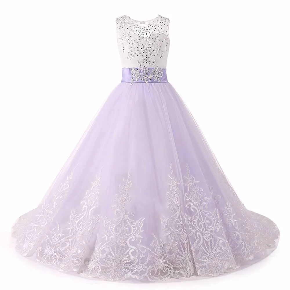 Princess Lace Flower Wedding Dress Kids Prom Puffy Tulle Ball Gown