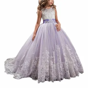 Princess Lace Flower Wedding Dress Kids Prom Puffy Tulle Ball Gown