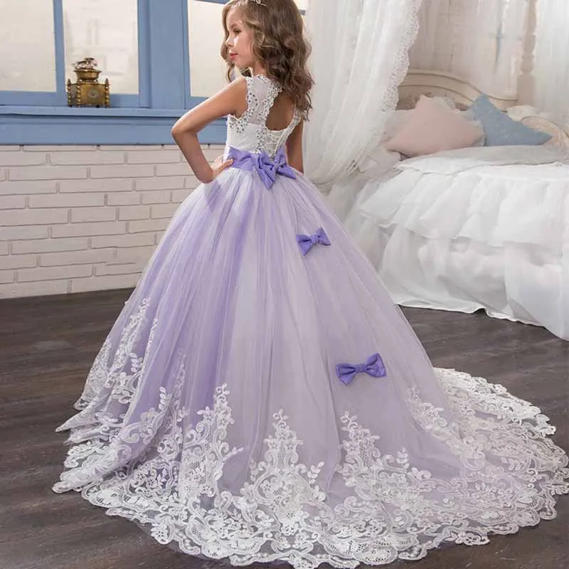 Princess Lace Flower Wedding Dress Kids Prom Puffy Tulle Ball Gown