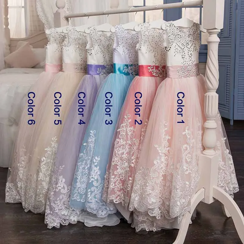 Princess Lace Flower Wedding Dress Kids Prom Puffy Tulle Ball Gown