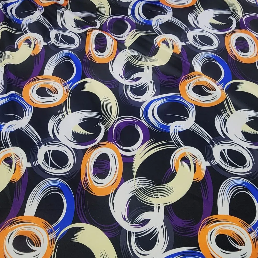 Printed Milano Satin Fabric Black/Orange/Blue 150 cm