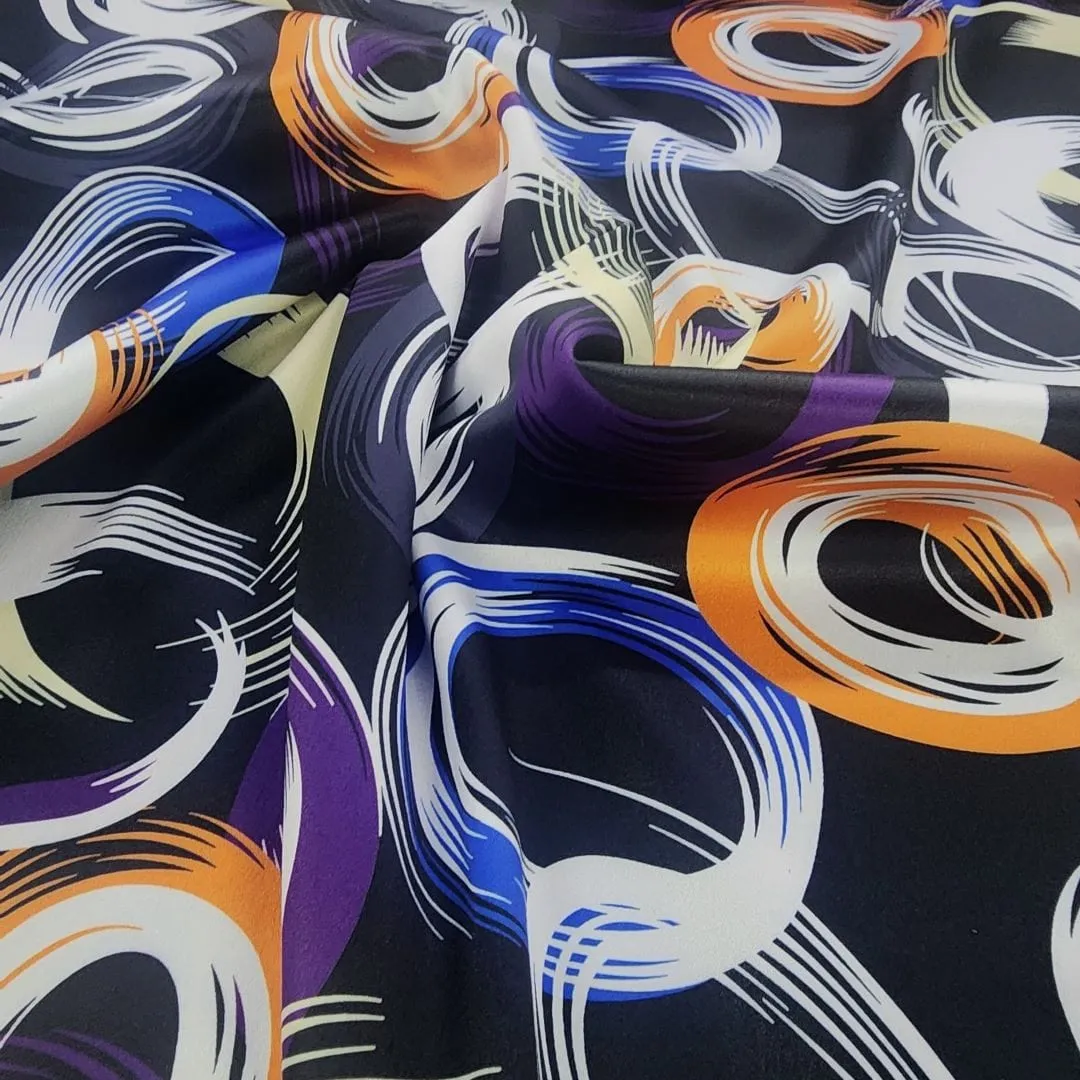 Printed Milano Satin Fabric Black/Orange/Blue 150 cm