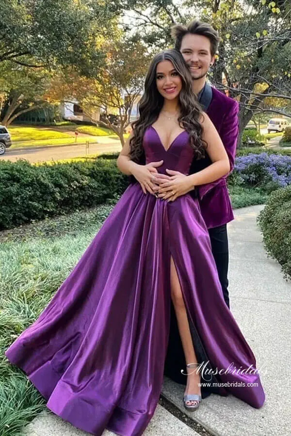 Purple Satin A-line Backless Long Prom Dresses With Slit, Evening Dress, MP910