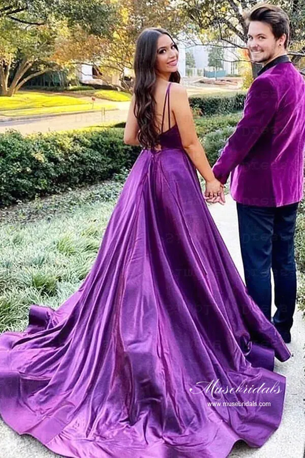 Purple Satin A-line Backless Long Prom Dresses With Slit, Evening Dress, MP910