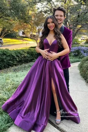 Purple Satin A-line Backless Long Prom Dresses With Slit, Evening Dress, MP910