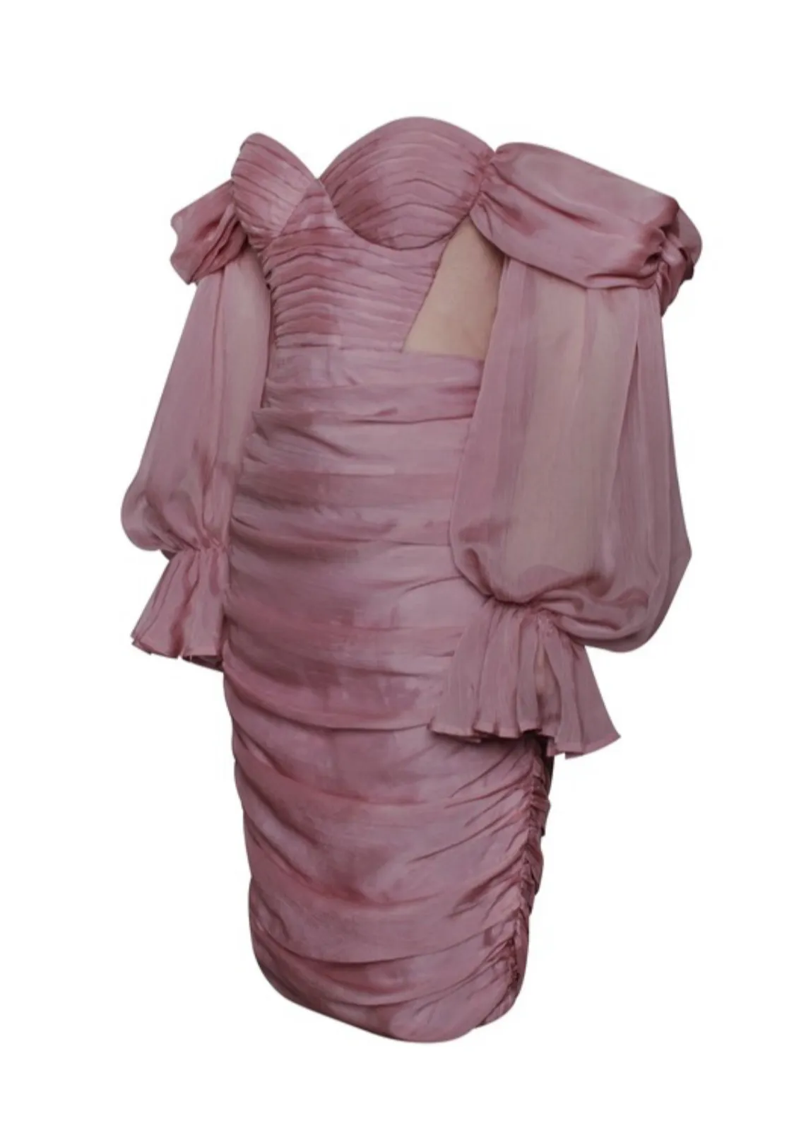 "ZAYDA" BLUSH SILK OFF SHOULDER BALLON SLEEVES MIDI DRESS