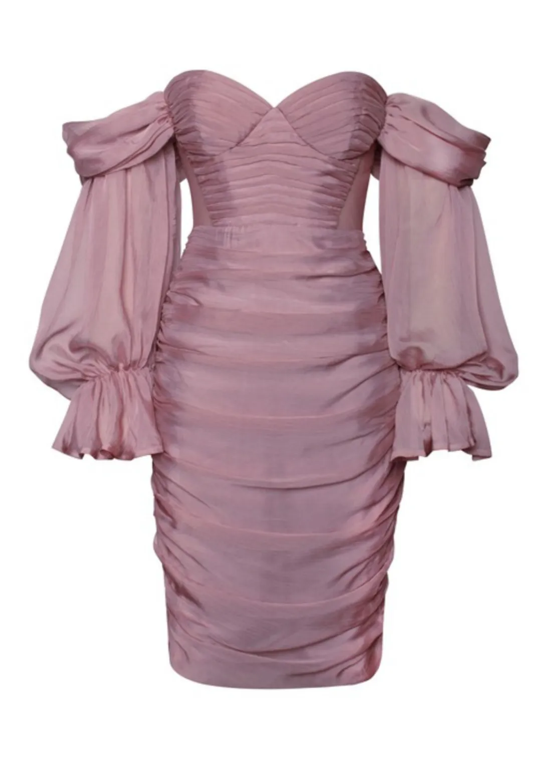 "ZAYDA" BLUSH SILK OFF SHOULDER BALLON SLEEVES MIDI DRESS